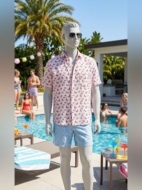 Simon Carter London Men's Short Sleeve Butterfly Print, Light Pink Slub Linen
